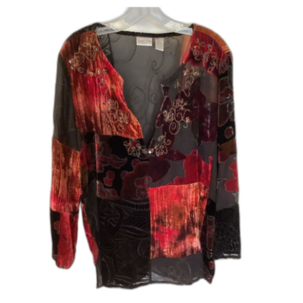 CHICO’S SIZE LARGE VELVET BURNOUT PATCHWORK BEADED V NECK TOP SHEER SILK BLEND